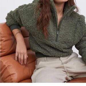 For Love and Lemons Quarter Zip Olive Green Faux Sherpa Jacket